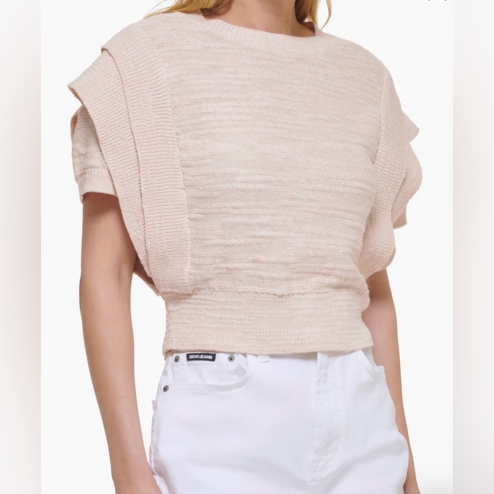 DKNY Jeans - Textured Short Sleeve Cotton Blend Sweater - Picture 3 of 3